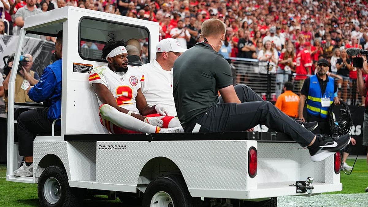Tyquan Thornton of the Kansas City Chiefs is carted off the field after an injury.