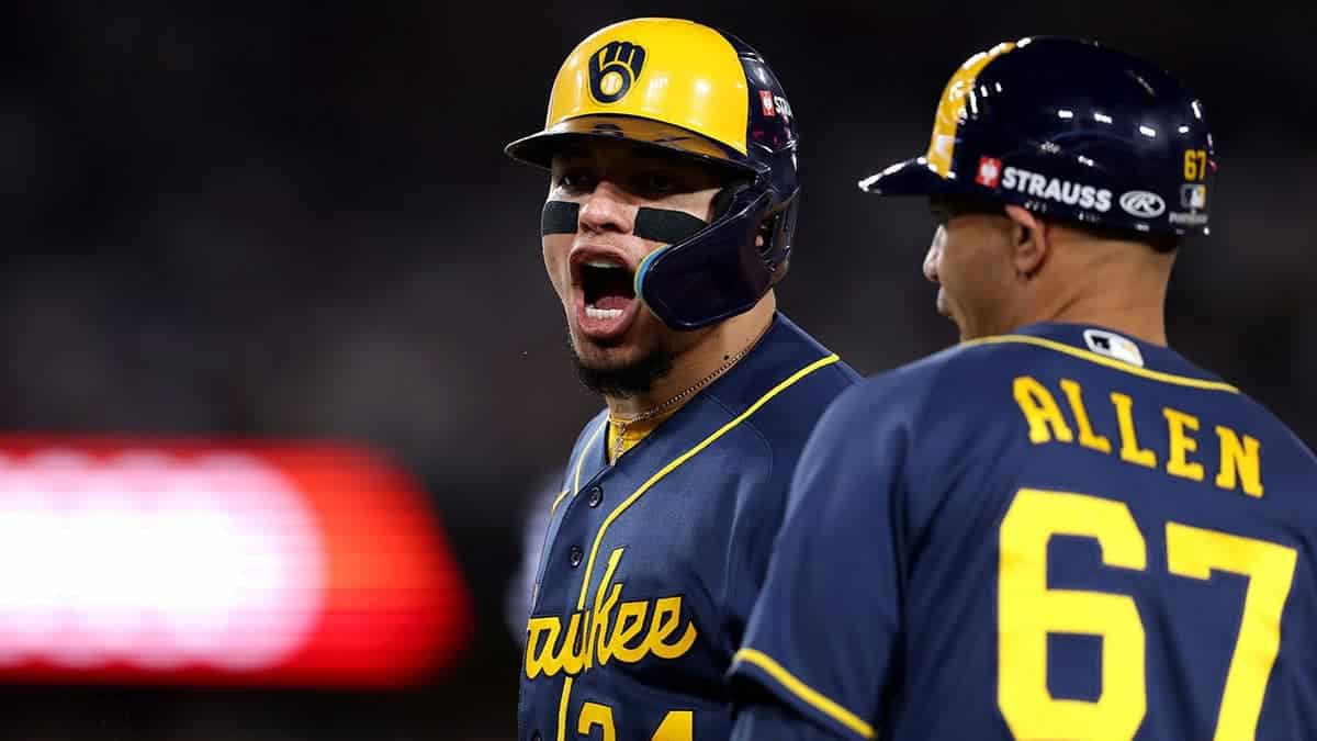 William Contreras celebrates after hitting a single during the eighth inning of Game 3 of the National League Championship Series at Dodger Stadium.