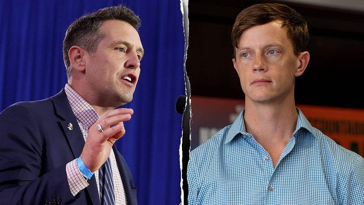 Alt-text: Iowa gubernatorial candidate Zach Lahn, left, speaks at a Trump rally, and Democratic candidate Rob Sand, right, speaks to an audience